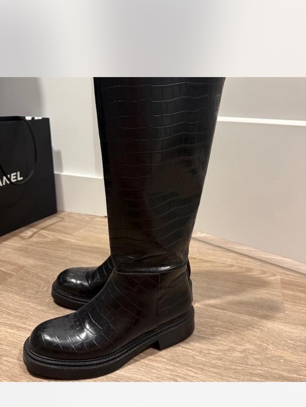 Zara Black Croc-Embossed Knee Boots